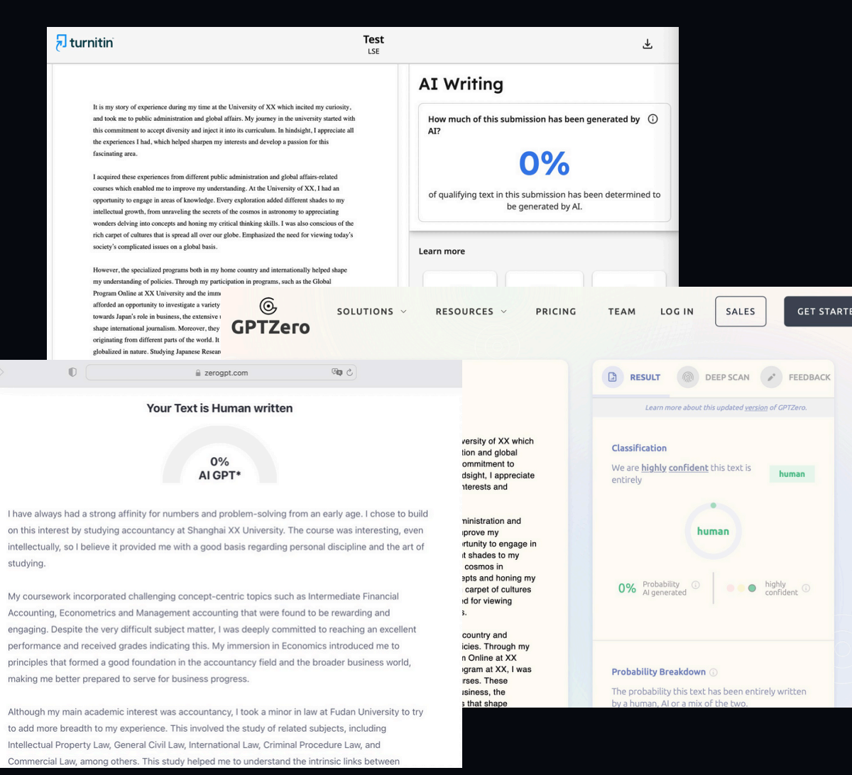 AI Detection Results - 0% AI detected across Turnitin, GPTZero, and ZeroGPT